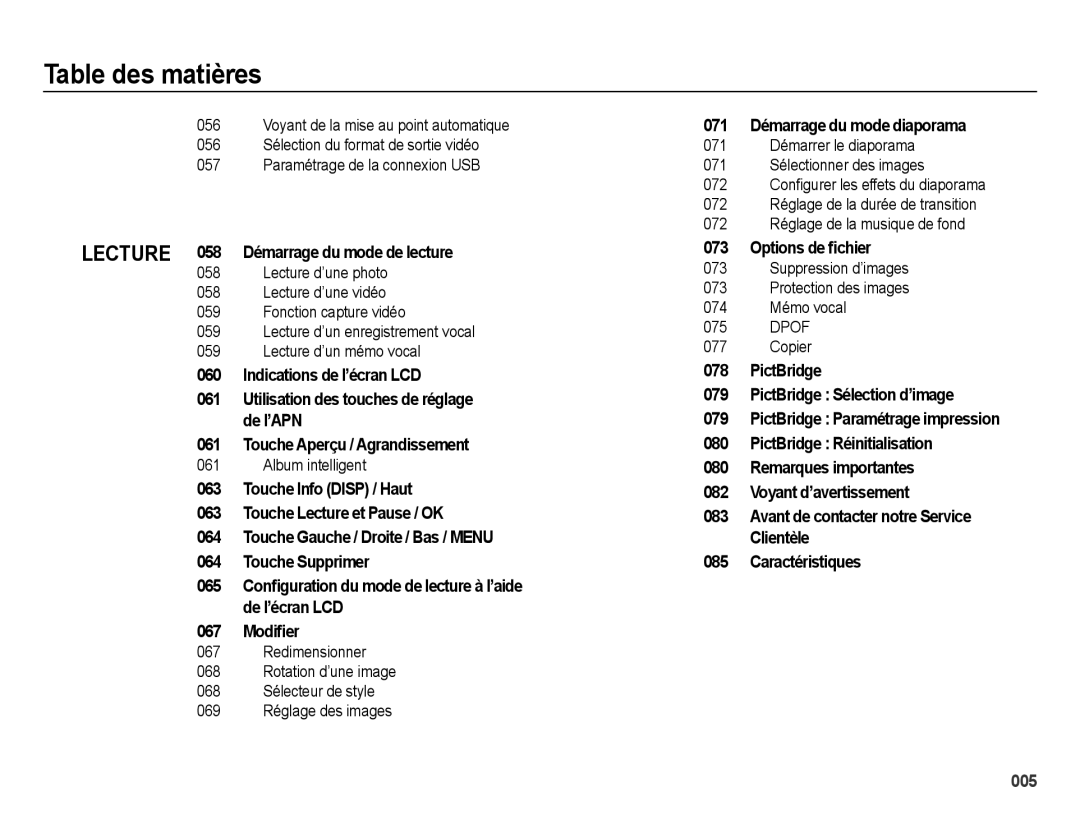 Samsung EC-ES67ZZBPWE1, EC-ES65ZZBPBGB, EC-ES67ZZBPBE1 manual Lecture 058 Démarrage du mode de lecture, Album intelligent 