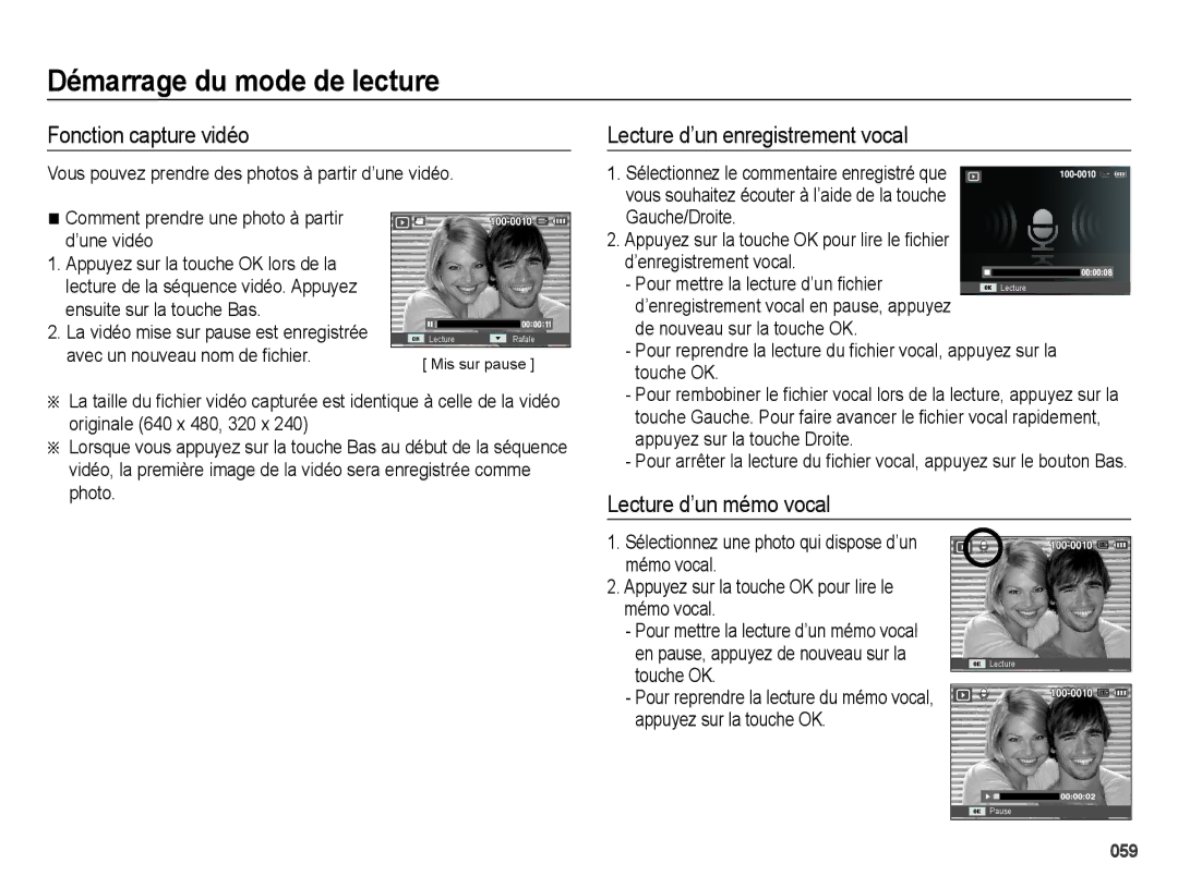 Samsung EC-ES65ZZBPBGB, EC-ES67ZZBPBE1 Fonction capture vidéo, Lecture d’un enregistrement vocal, Lecture d’un mémo vocal 