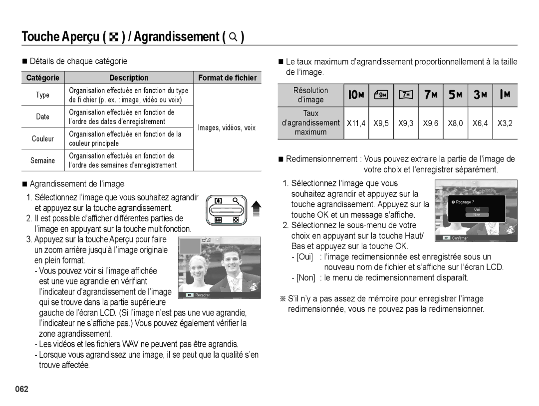 Samsung EC-ES65ZZBPBE1, EC-ES65ZZBPBGB, EC-ES67ZZBPBE1, EC-ES67ZZBPWE1 manual Touche Aperçu º / Agrandissement í 