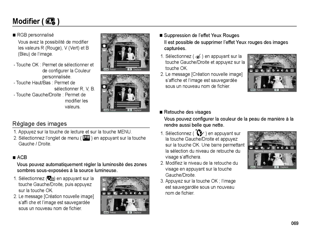 Samsung EC-ES67ZZBPWE1 manual Retouche des visages, Visage en appuyant sur la touche, Gauche/Droite, Nom de fichier 