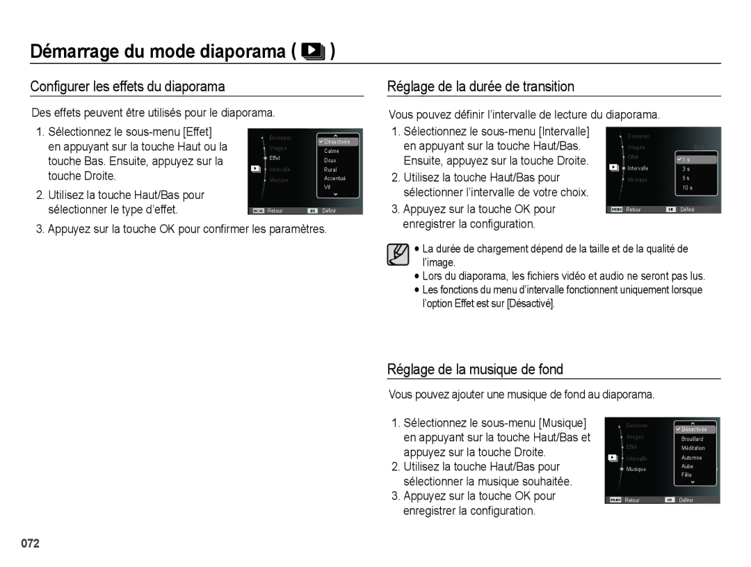 Samsung EC-ES67ZZBPBE1 Conﬁgurer les effets du diaporama, Réglage de la durée de transition, Réglage de la musique de fond 