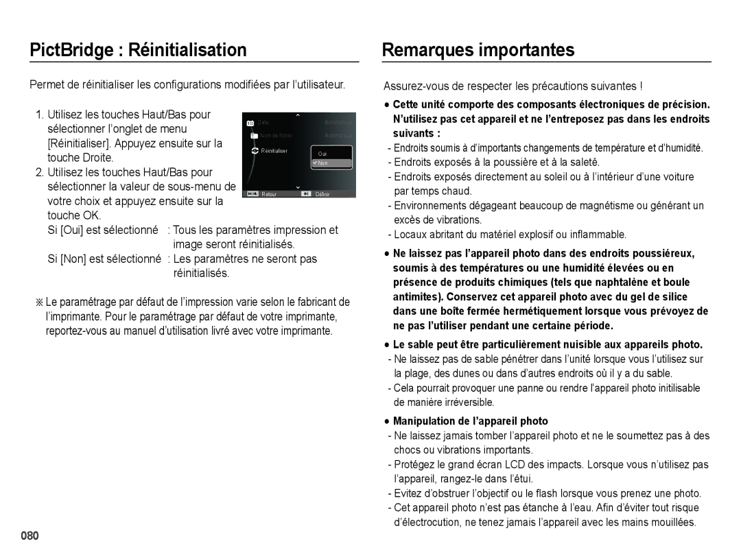 Samsung EC-ES67ZZBPBE1 PictBridge Réinitialisation, Remarques importantes, Votre choix et appuyez ensuite sur la touche OK 