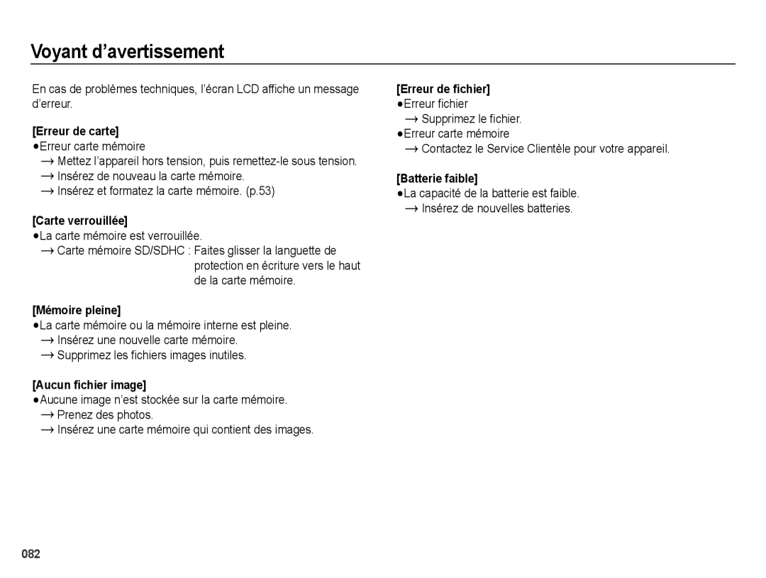 Samsung EC-ES65ZZBPBE1, EC-ES65ZZBPBGB, EC-ES67ZZBPBE1 manual Voyant d’avertissement, La carte mémoire est verrouillée 