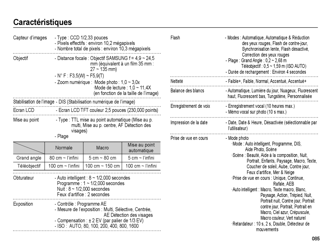 Samsung EC-ES67ZZBPWE1, EC-ES65ZZBPBGB, EC-ES67ZZBPBE1, EC-ES65ZZBPBE1 manual Caractéristiques 