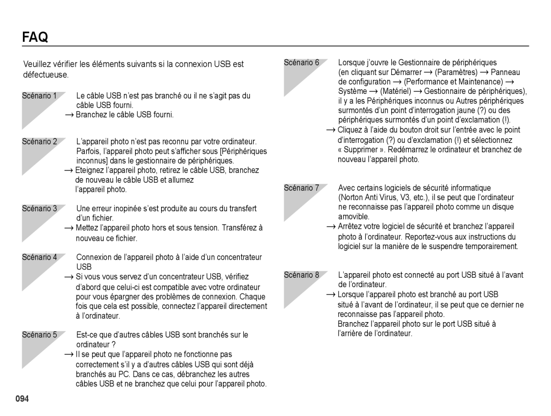 Samsung EC-ES65ZZBPBE1, EC-ES65ZZBPBGB, EC-ES67ZZBPBE1 manual Faq, Scénario Lorsque j’ouvre le Gestionnaire de périphériques 