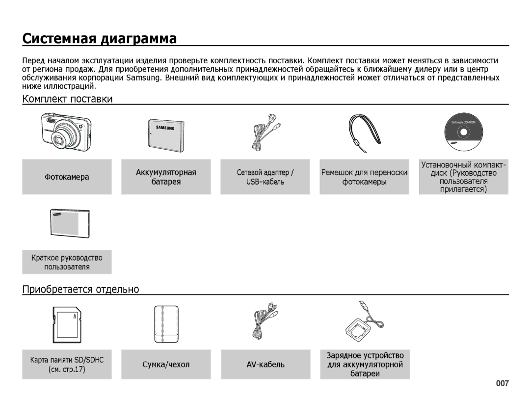 Samsung EC-ES65ZZBPBE2, EC-ES65ZZBPSE2, EC-ES65ZZBPSRU manual Системная диаграмма, Комплект поставки, Приобретается отдельно 