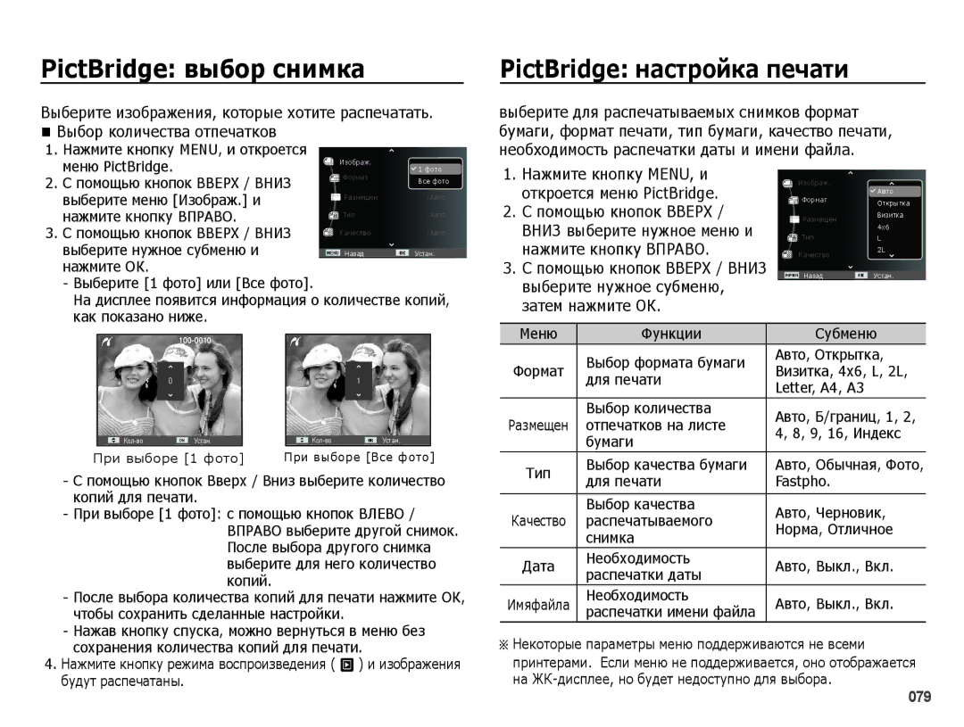 Samsung EC-ES65ZZBPPRU, EC-ES65ZZBPSE2 manual PictBridge выбор снимка, PictBridge настройка печати, Нажмите кнопку MENU, и 