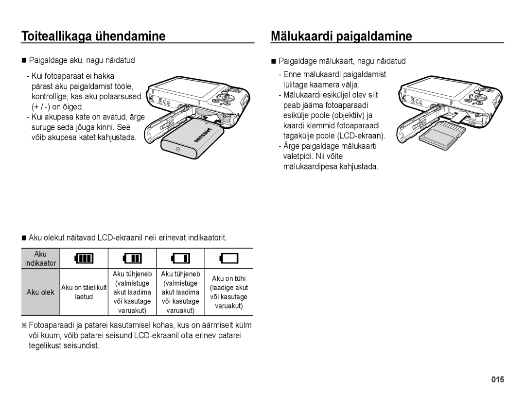 Samsung EC-ES65ZZBPBE2, EC-ES65ZZBPSE2, EC-ES65ZZBPSRU manual Mälukaardi paigaldamine, Paigaldage aku, nagu näidatud, Aku 