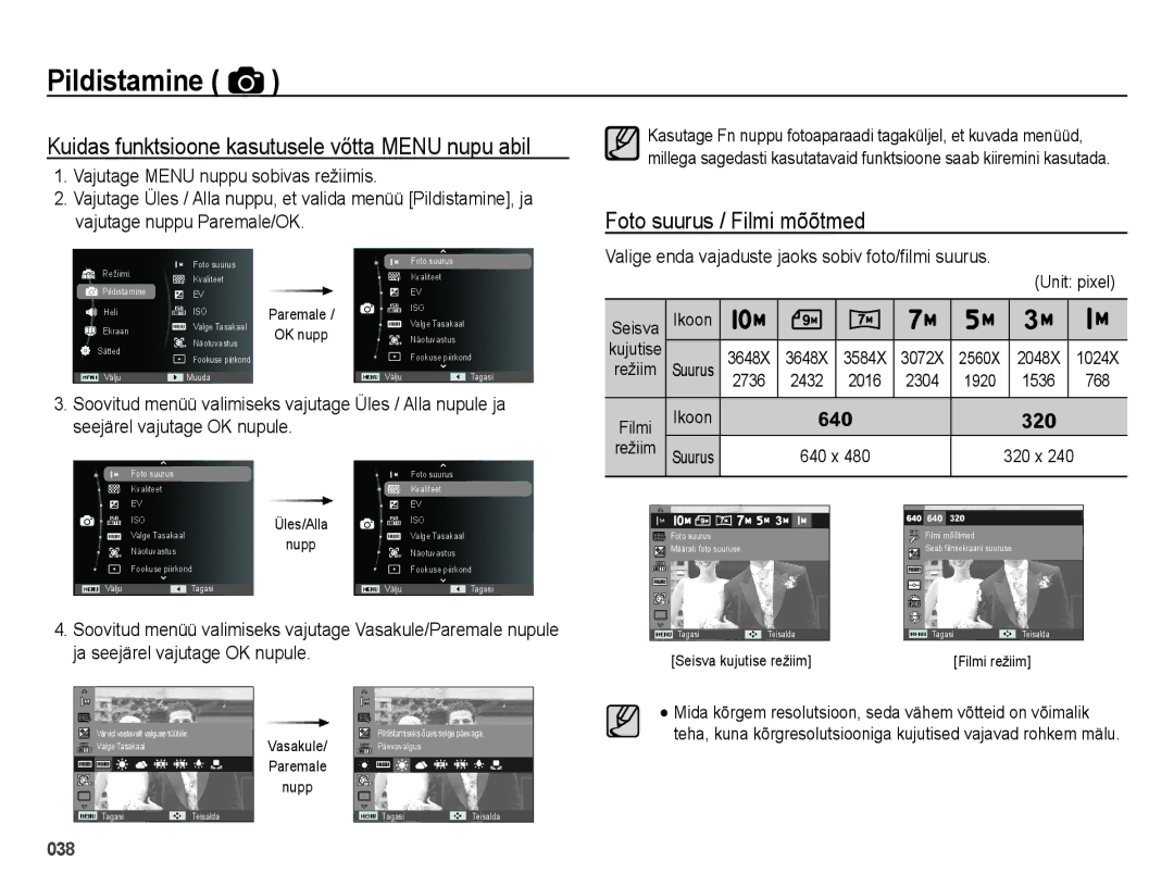 Samsung EC-ES65ZZBPBRU, EC-ES65ZZBPSE2 Kuidas funktsioone kasutusele vőtta Menu nupu abil, Foto suurus / Filmi mõõtmed 