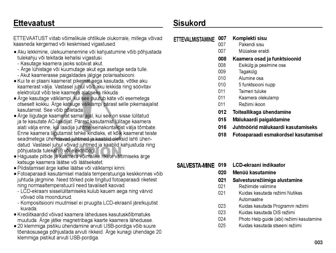 Samsung EC-ES65ZZBPBRU, EC-ES65ZZBPSE2, EC-ES65ZZBPBE2, EC-ES65ZZBPSRU, EC-ES65ZZBPPRU manual Ettevaatust, Sisukord 