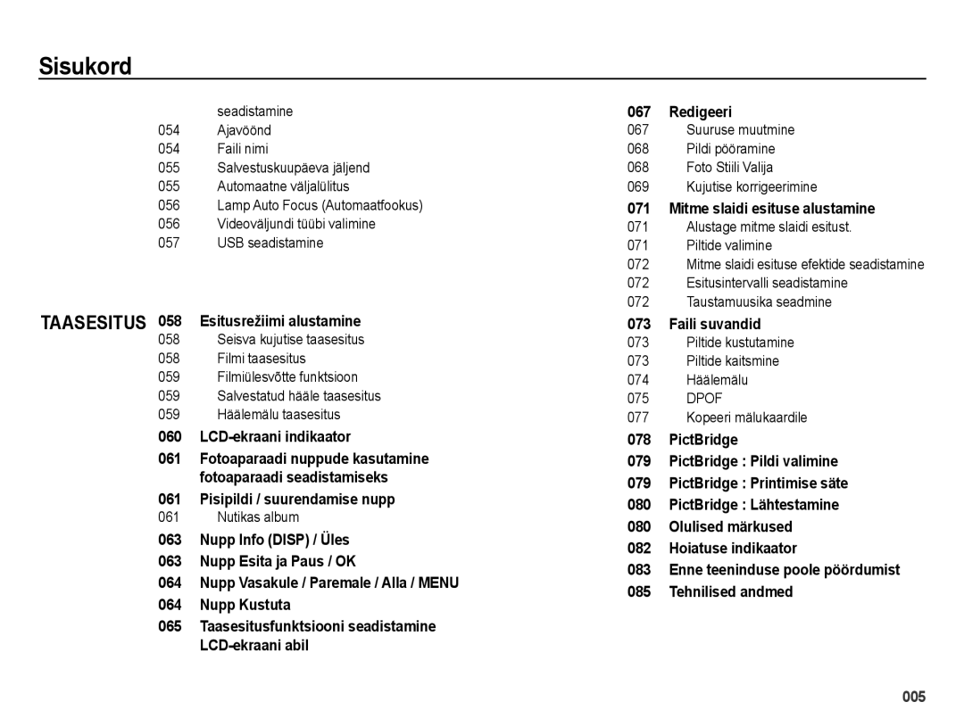 Samsung EC-ES65ZZBPBE2 manual Taasesitus 058 Esitusrežiimi alustamine, Pisipildi / suurendamise nupp, Faili suvandid 