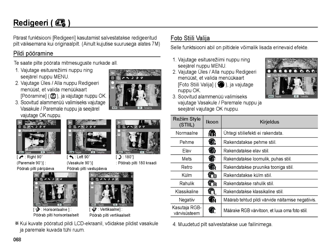 Samsung EC-ES65ZZBPBRU manual Pildi pööramine Foto Stiili Valija, Vajutage esitusrežiimi nuppu ning seejärel nuppu Menu 