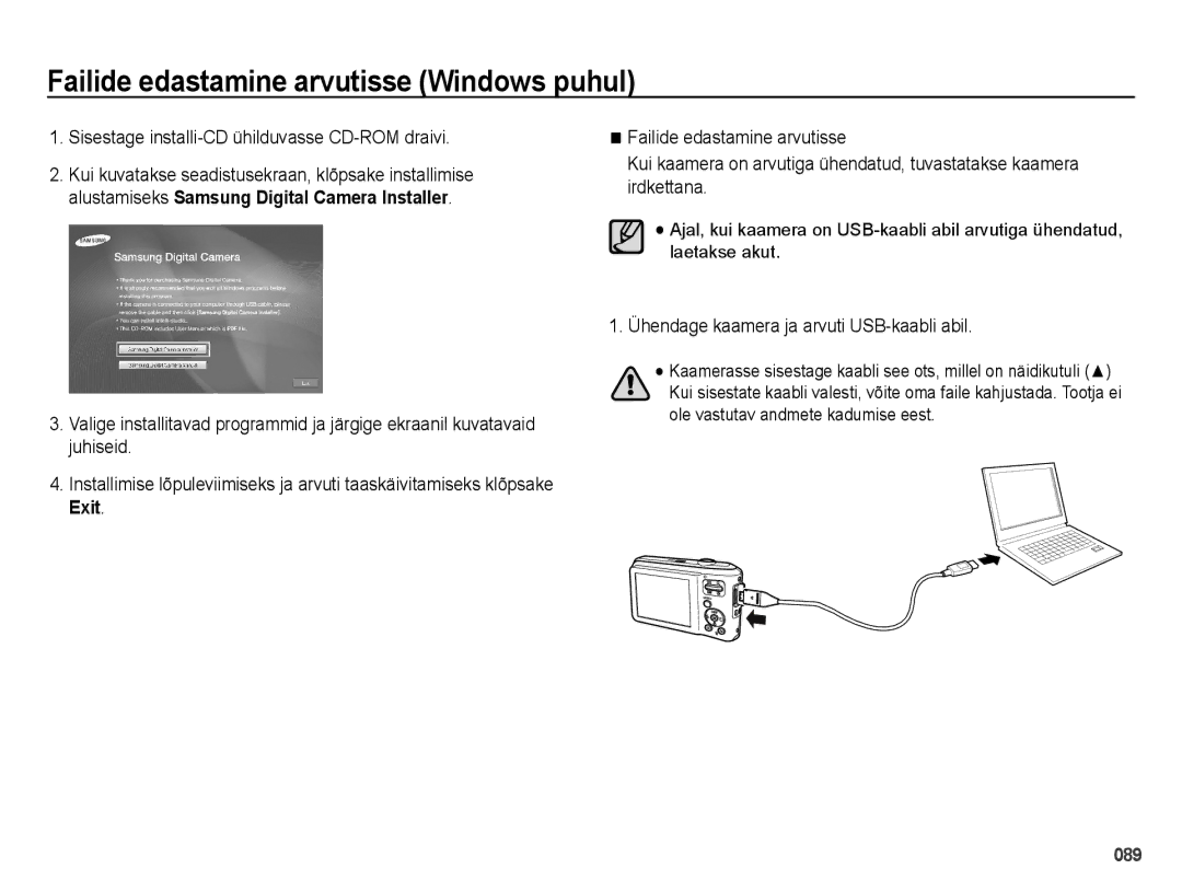 Samsung EC-ES65ZZBPSE2 manual Failide edastamine arvutisse Windows puhul, Sisestage installi-CD ühilduvasse CD-ROM draivi 