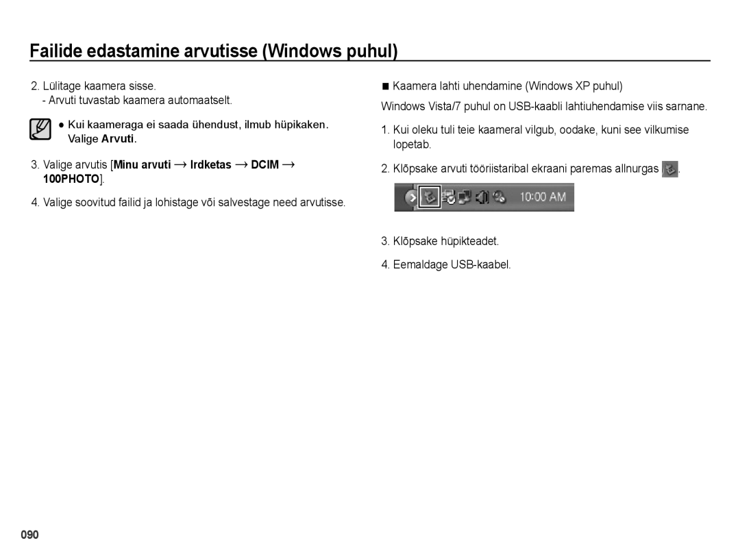 Samsung EC-ES65ZZBPBE2, EC-ES65ZZBPSE2, EC-ES65ZZBPSRU manual Lülitage kaamera sisse Arvuti tuvastab kaamera automaatselt 