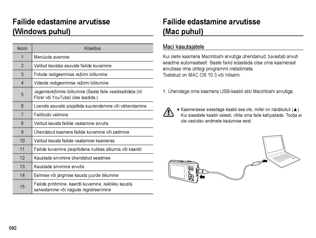 Samsung EC-ES65ZZBPPRU Failide edastamine arvutisse Mac puhul, Maci kasutajatele, Toetatud on MAC OS 10.3 või hilisem 