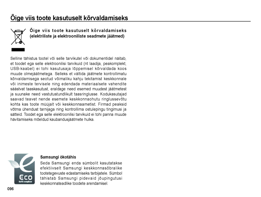 Samsung EC-ES65ZZBPSRU, EC-ES65ZZBPSE2, EC-ES65ZZBPBE2 manual Õige viis toote kasutuselt kõrvaldamiseks, Samsungi ökotähis 