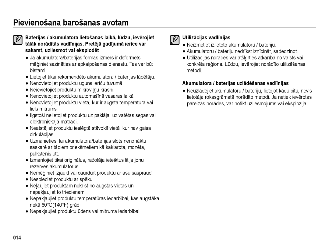 Samsung EC-ES65ZZBPSE2, EC-ES65ZZBPBE2 manual Utilizācijas vadlīnijas, Akumulatora / baterijas uzlādēšanas vadlīnijas 