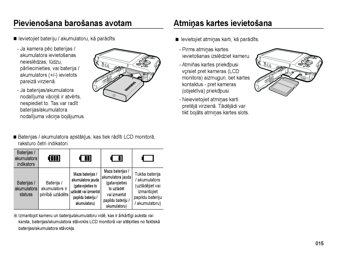 Samsung EC-ES65ZZBPBE2, EC-ES65ZZBPSE2 manual Atmiņas kartes ievietošana, Ievietojiet bateriju / akumulatoru, kā parādīts 