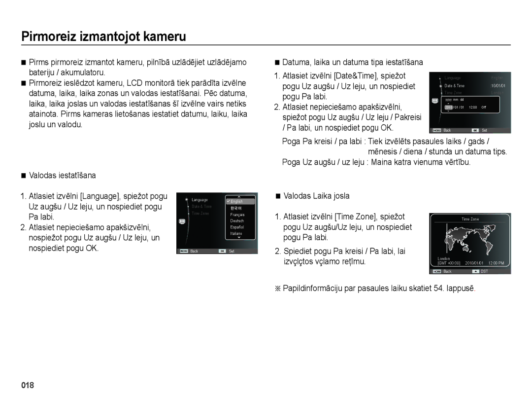 Samsung EC-ES65ZZBPBRU manual Pirmoreiz izmantojot kameru, Papildinformāciju par pasaules laiku skatiet 54. lappusē 