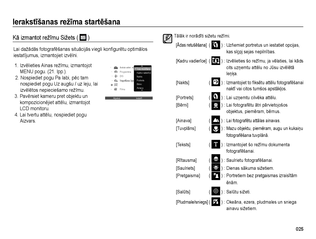 Samsung EC-ES65ZZBPBE2, EC-ES65ZZBPSE2, EC-ES65ZZBPSRU, EC-ES65ZZBPPRU, EC-ES65ZZBPBRU manual Kā izmantot režīmu Sižets 