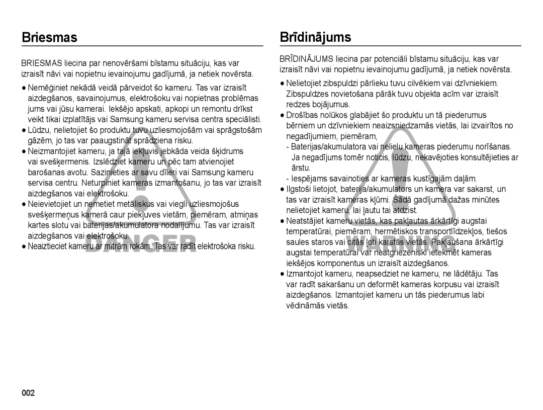 Samsung EC-ES65ZZBPPRU, EC-ES65ZZBPSE2, EC-ES65ZZBPBE2, EC-ES65ZZBPSRU, EC-ES65ZZBPBRU manual Briesmas, Brīdinājums 