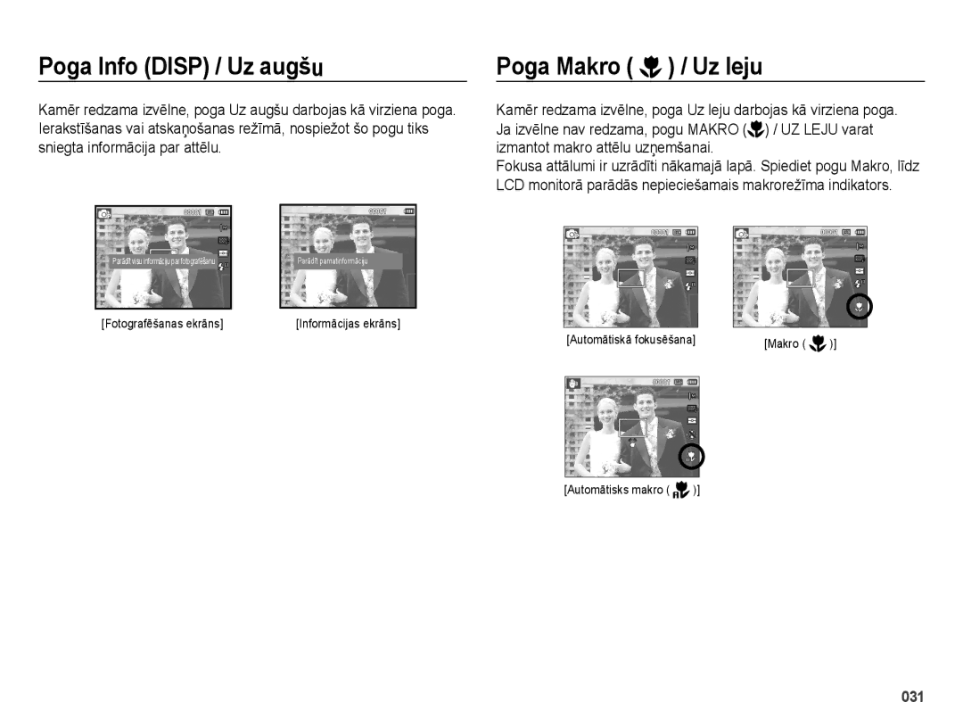 Samsung EC-ES65ZZBPSRU, EC-ES65ZZBPSE2, EC-ES65ZZBPBE2, EC-ES65ZZBPPRU manual Poga Info Disp / Uz augšu, Poga Makro / Uz leju 