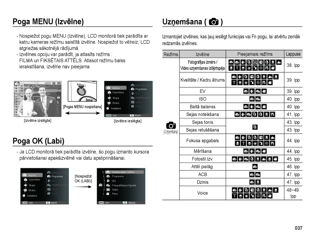 Samsung EC-ES65ZZBPPRU manual Poga Menu Izvēlne Uzņemšana, Poga OK Labi, Redzamās izvēlnes Atgriežas sākotnējā rādījumā 