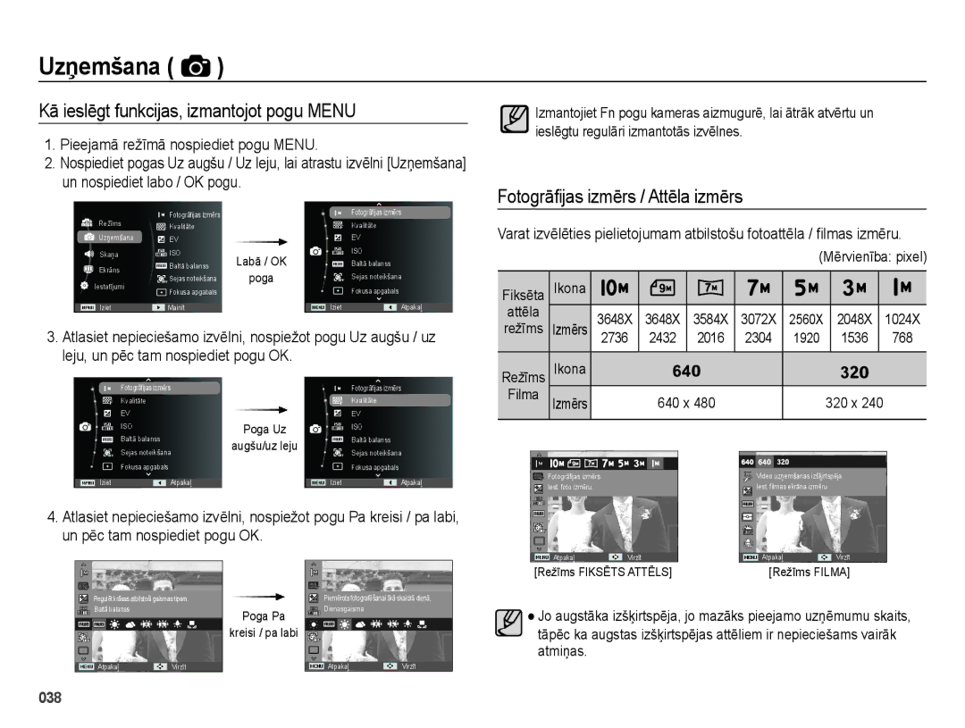 Samsung EC-ES65ZZBPBRU manual Kā ieslēgt funkcijas, izmantojot pogu Menu, Fotogrāﬁjas izmērs / Attēla izmērs, 640 x 