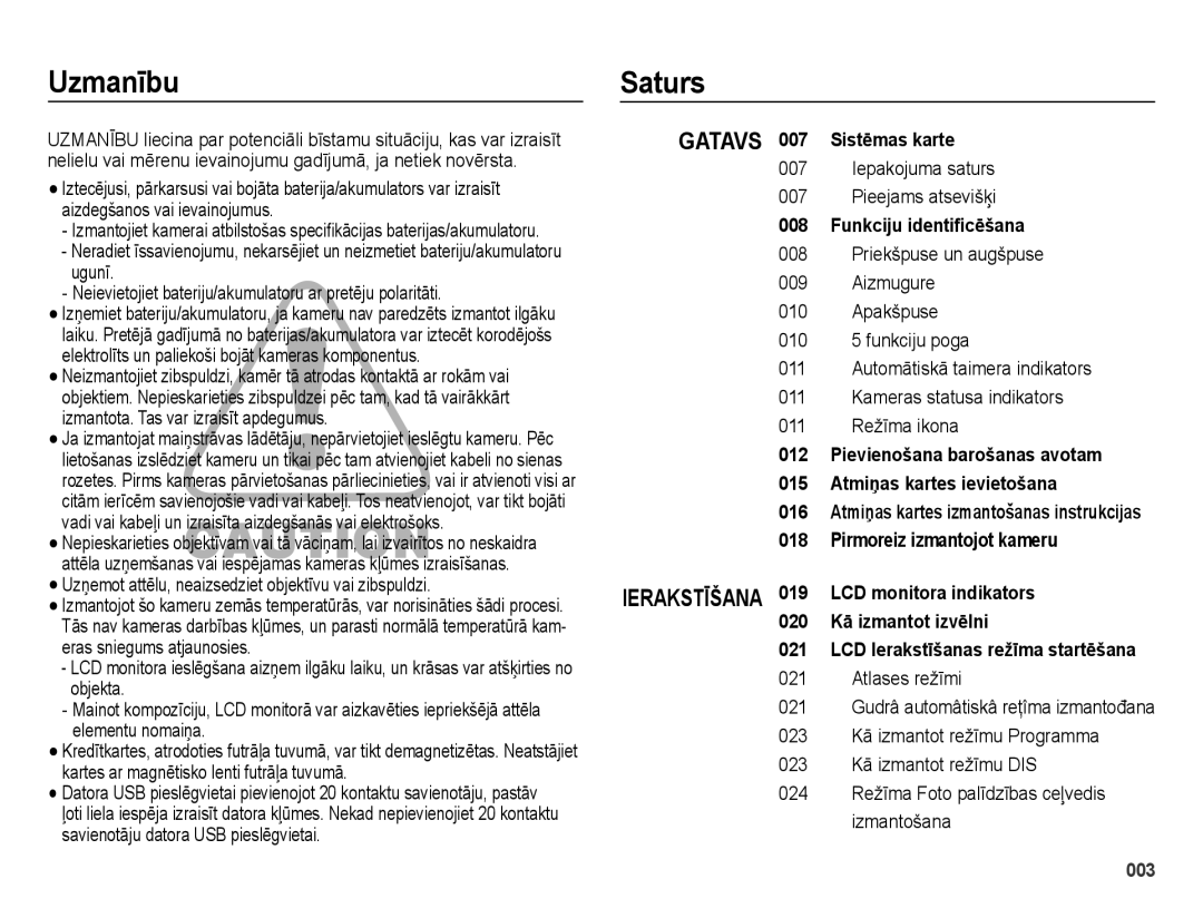 Samsung EC-ES65ZZBPBRU, EC-ES65ZZBPSE2, EC-ES65ZZBPBE2 manual Uzmanību Saturs, Sistēmas karte, Funkciju identiﬁcēšana 