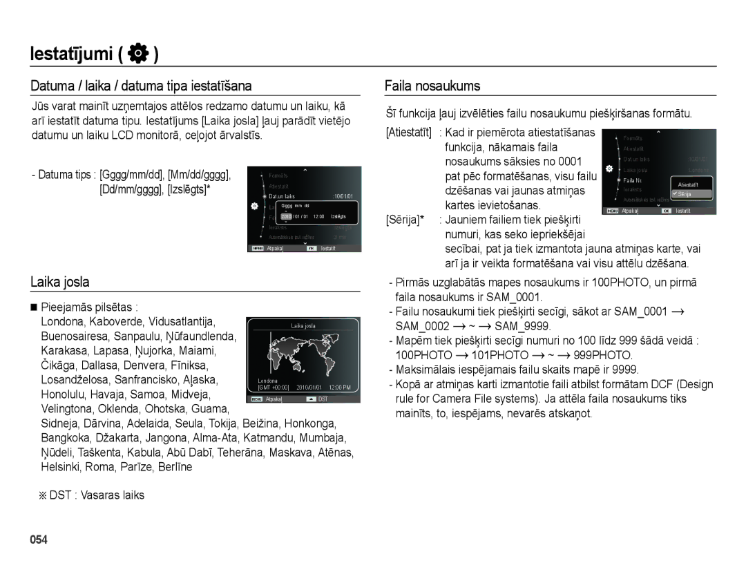 Samsung EC-ES65ZZBPSE2, EC-ES65ZZBPBE2 manual Datuma / laika / datuma tipa iestatīšana, Faila nosaukums, Laika josla 