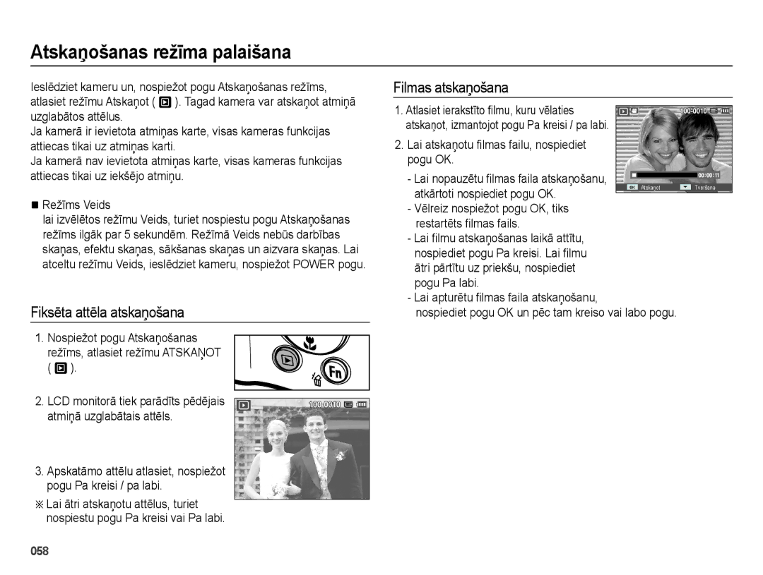 Samsung EC-ES65ZZBPBRU, EC-ES65ZZBPSE2 manual Atskaņošanas režīma palaišana, Fiksēta attēla atskaņošana, Filmas atskaņošana 