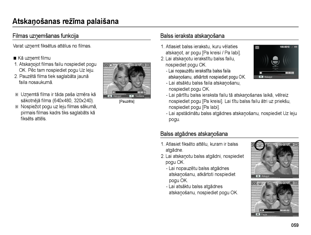 Samsung EC-ES65ZZBPSE2, EC-ES65ZZBPBE2 Filmas uzņemšanas funkcija Balss ieraksta atskaņošana, Balss atgādnes atskaņošana 