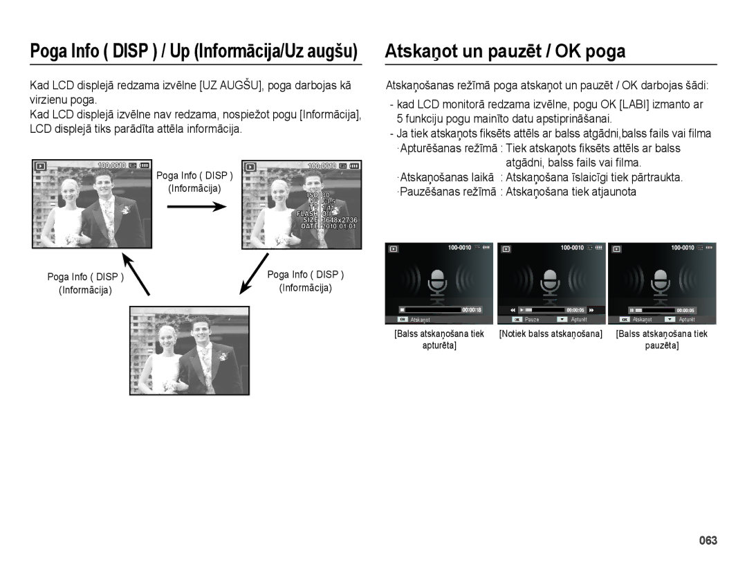 Samsung EC-ES65ZZBPBRU, EC-ES65ZZBPSE2, EC-ES65ZZBPBE2 manual Atskaņot un pauzēt / OK poga, Poga Info Disp Informācija 