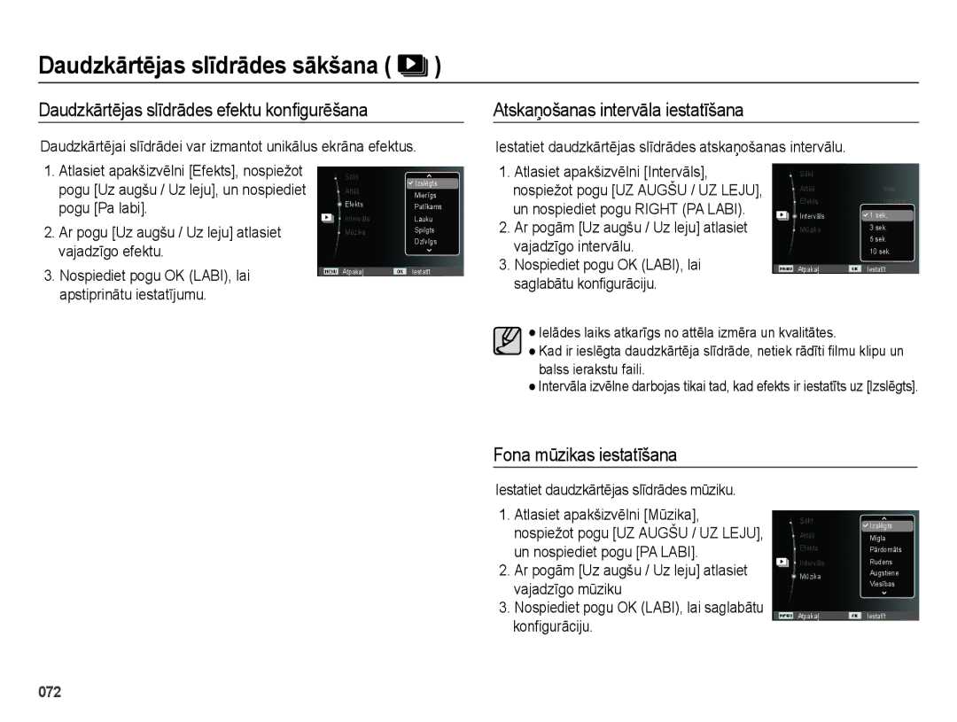 Samsung EC-ES65ZZBPPRU, EC-ES65ZZBPSE2 Daudzkārtējas slīdrādes efektu konﬁgurēšana, Atskaņošanas intervāla iestatīšana 