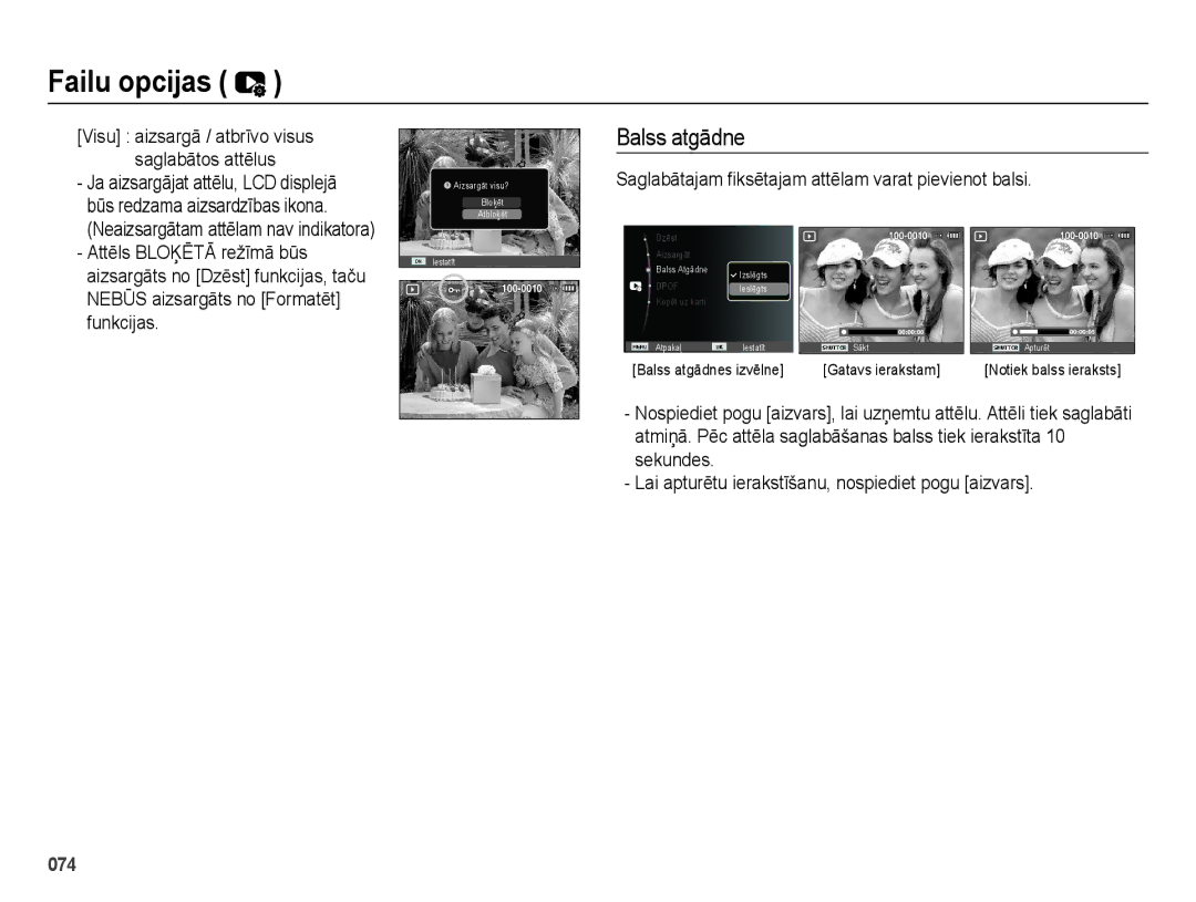 Samsung EC-ES65ZZBPSE2 manual Balss atgādne, Funkcijas, Ja aizsargājat attēlu, LCD displejā, Būs redzama aizsardzības ikona 