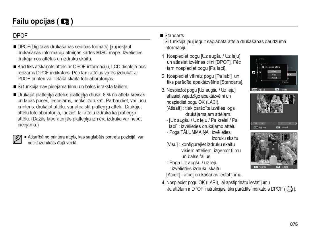 Samsung EC-ES65ZZBPBE2, EC-ES65ZZBPSE2 manual Šī funkcija nav pieejama filmu un balss ieraksta failiem, Drukājamajam attēlam 