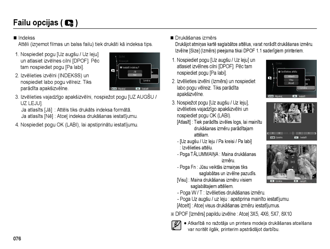 Samsung EC-ES65ZZBPSRU, EC-ES65ZZBPSE2, EC-ES65ZZBPBE2 Indekss, Drukāšanas izmērs, Nospiediet pogu Uz augšu / Uz leju un 