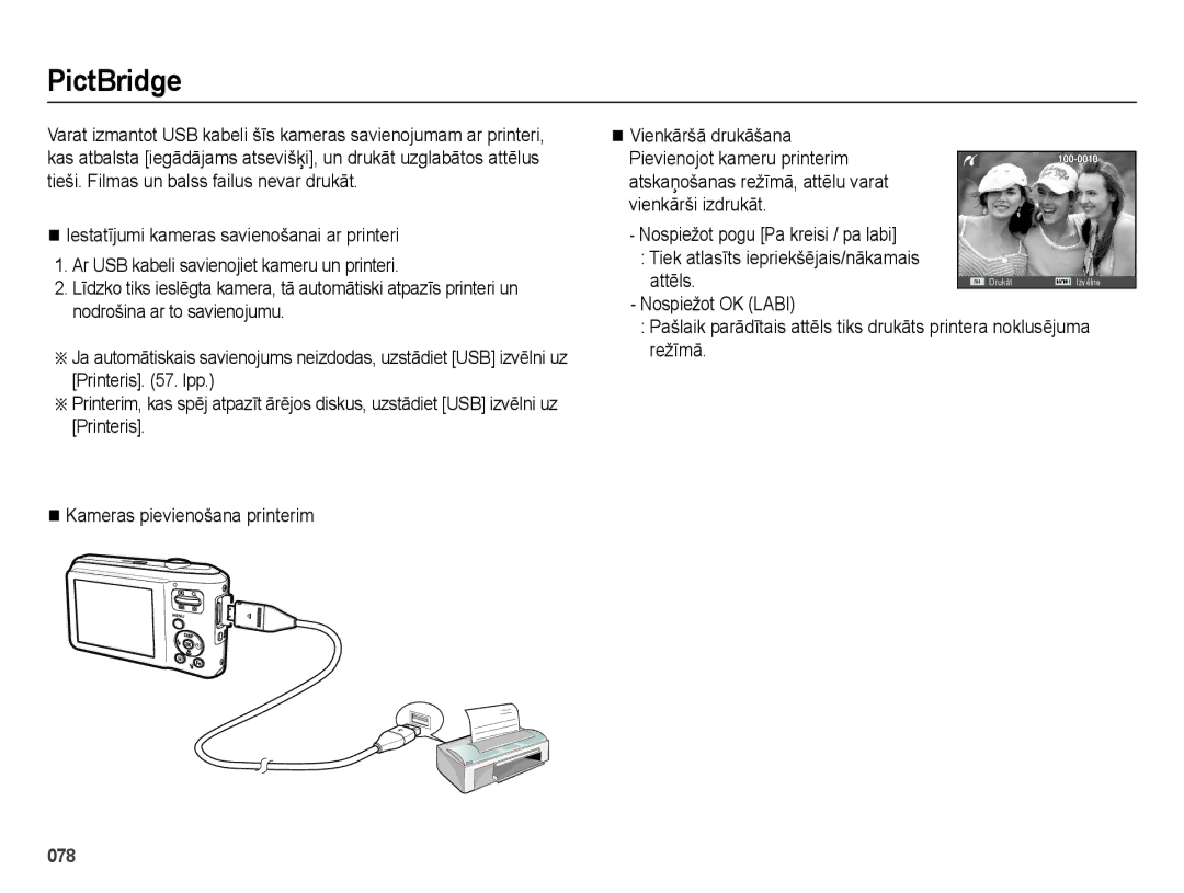 Samsung EC-ES65ZZBPBRU, EC-ES65ZZBPSE2, EC-ES65ZZBPBE2, EC-ES65ZZBPSRU, EC-ES65ZZBPPRU manual PictBridge, Printera noklusējuma 