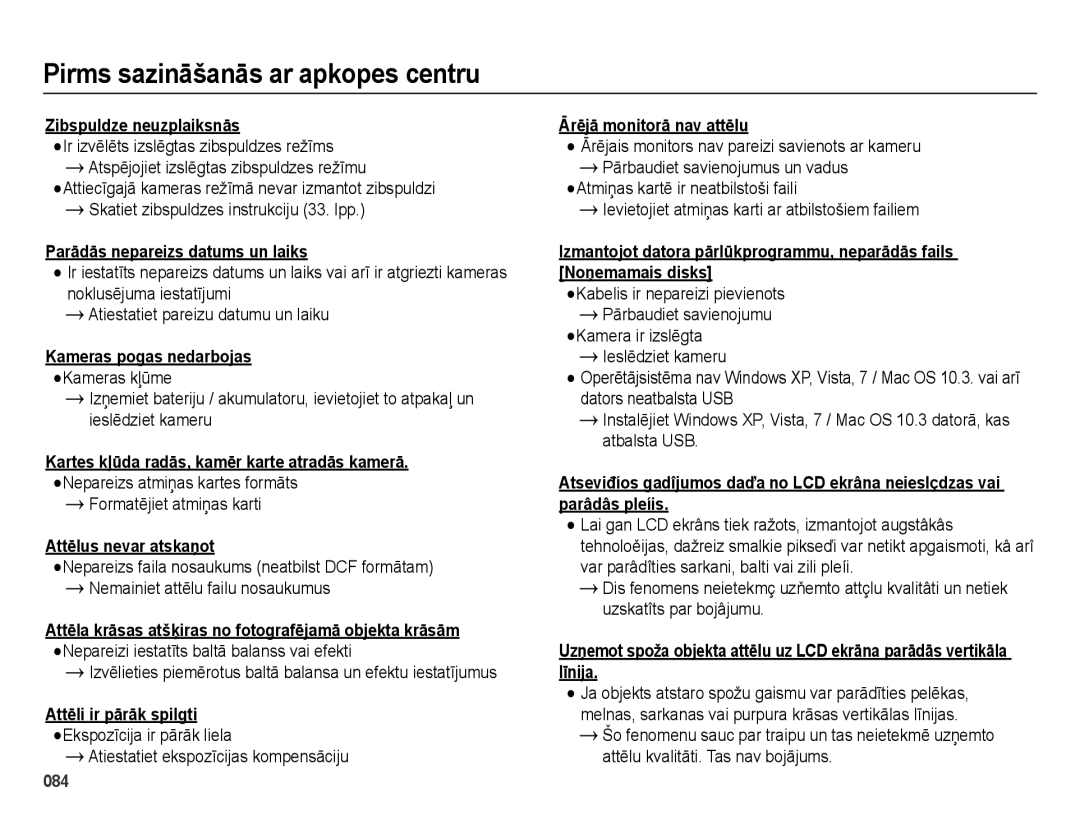 Samsung EC-ES65ZZBPSE2 manual Zibspuldze neuzplaiksnās, Parādās nepareizs datums un laiks, Kameras pogas nedarbojas 