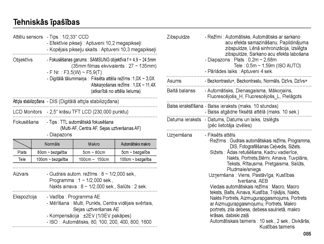 Samsung EC-ES65ZZBPBE2, EC-ES65ZZBPSE2, EC-ES65ZZBPSRU, EC-ES65ZZBPPRU, EC-ES65ZZBPBRU manual Tehniskās īpašības 