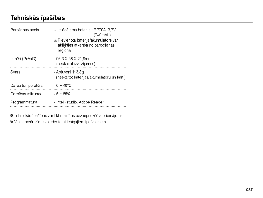 Samsung EC-ES65ZZBPPRU, EC-ES65ZZBPSE2, EC-ES65ZZBPBE2 Barošanas avots, 740mAh, Atšķirties atkarībā no pārdošanas, Reģiona 