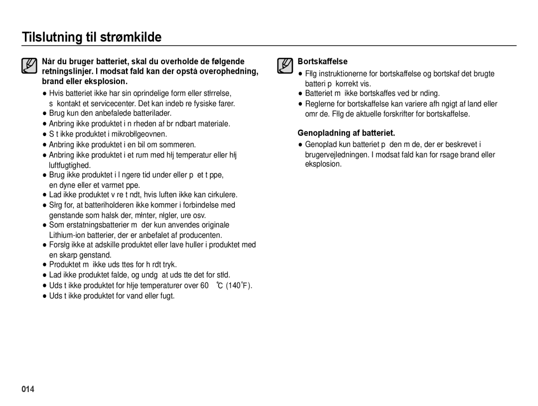 Samsung EC-ES65ZZBPSE2, EC-ES65ZZBPPE2, EC-ES65ZZBPBE2 manual Bortskaffelse, Genopladning af batteriet 