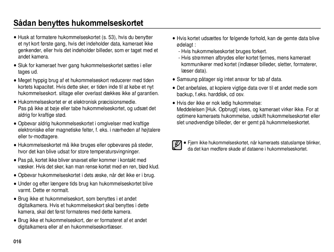 Samsung EC-ES65ZZBPBE2, EC-ES65ZZBPSE2, EC-ES65ZZBPPE2 manual Sådan benyttes hukommelseskortet 