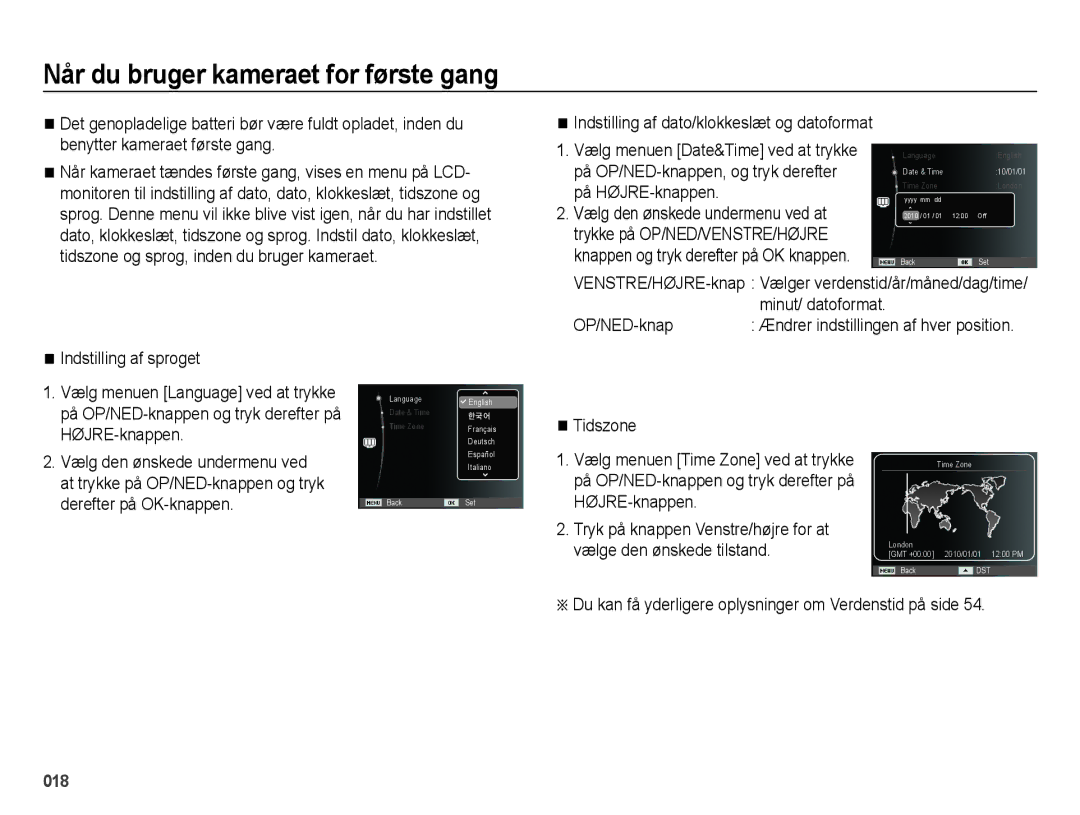 Samsung EC-ES65ZZBPPE2, EC-ES65ZZBPSE2 manual Når du bruger kameraet for første gang, Minut/ datoformat, OP/NED-knap 