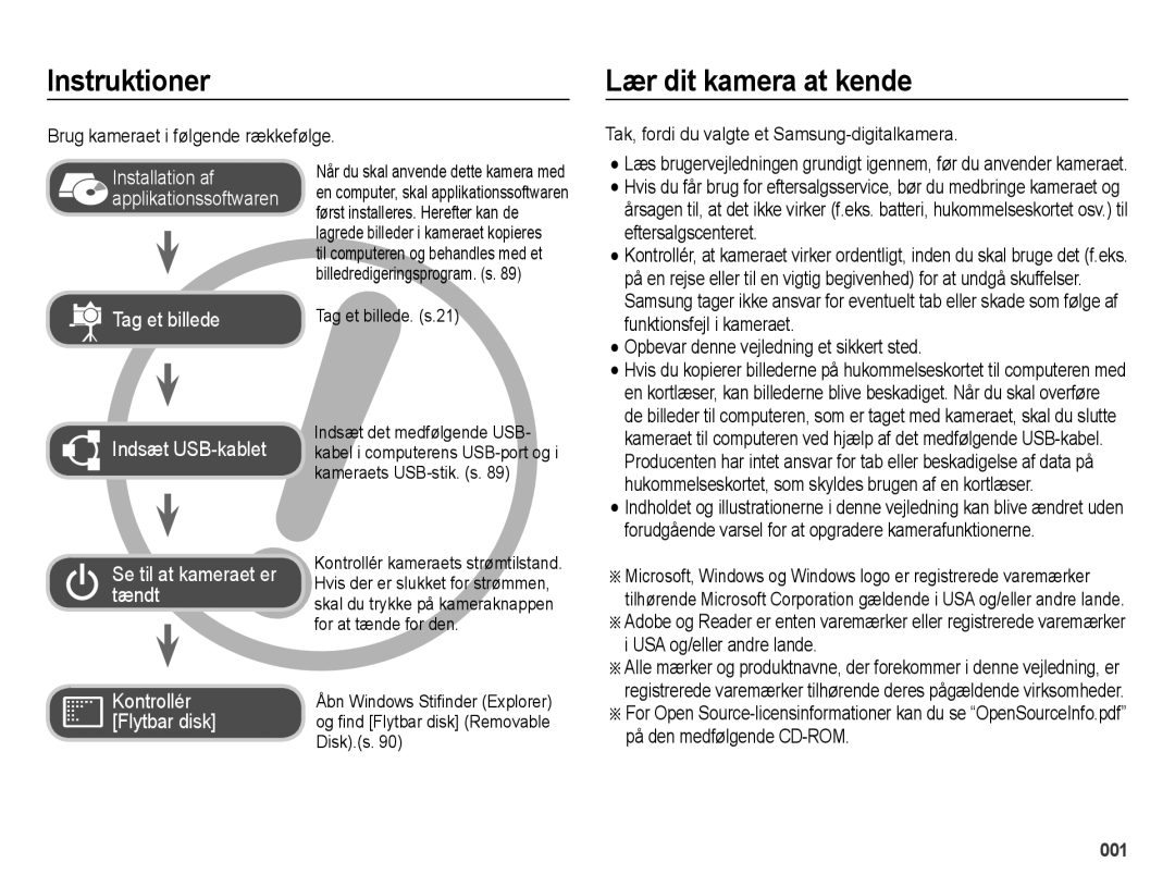 Samsung EC-ES65ZZBPBE2 Instruktioner, Lær dit kamera at kende, Brug kameraet i følgende rækkefølge, Tag et billede. s.21 