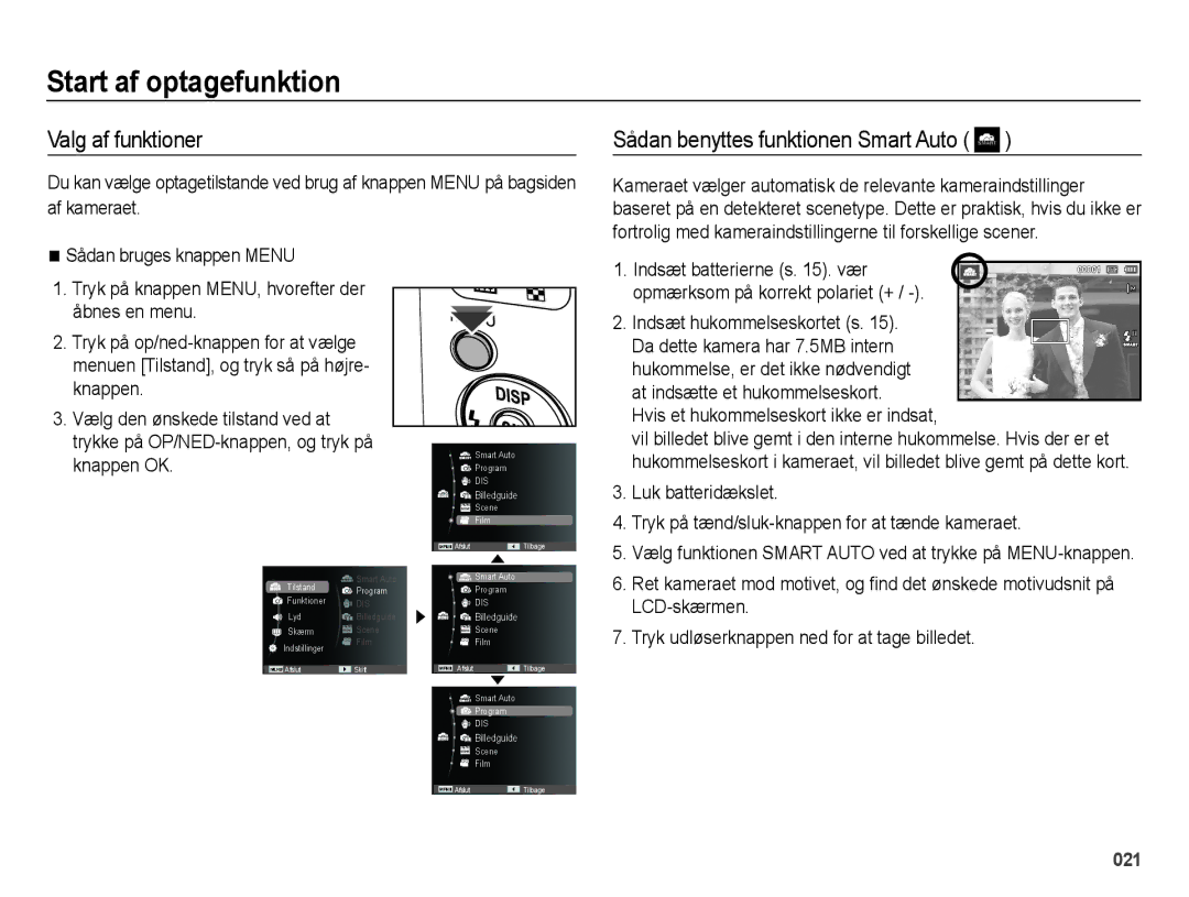 Samsung EC-ES65ZZBPPE2, EC-ES65ZZBPSE2 Start af optagefunktion, Valg af funktioner, Sådan benyttes funktionen Smart Auto 