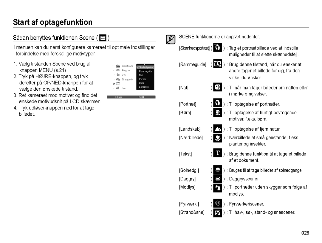 Samsung EC-ES65ZZBPBE2 manual Sådan benyttes funktionen Scene, Vælg tilstanden Scene ved brug af knappen MENU.s.21 