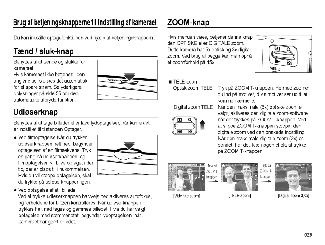 Samsung EC-ES65ZZBPSE2 manual Tænd / sluk-knap, Udløserknap, ZOOM-knap, Benyttes til at tænde og slukke for kameraet 