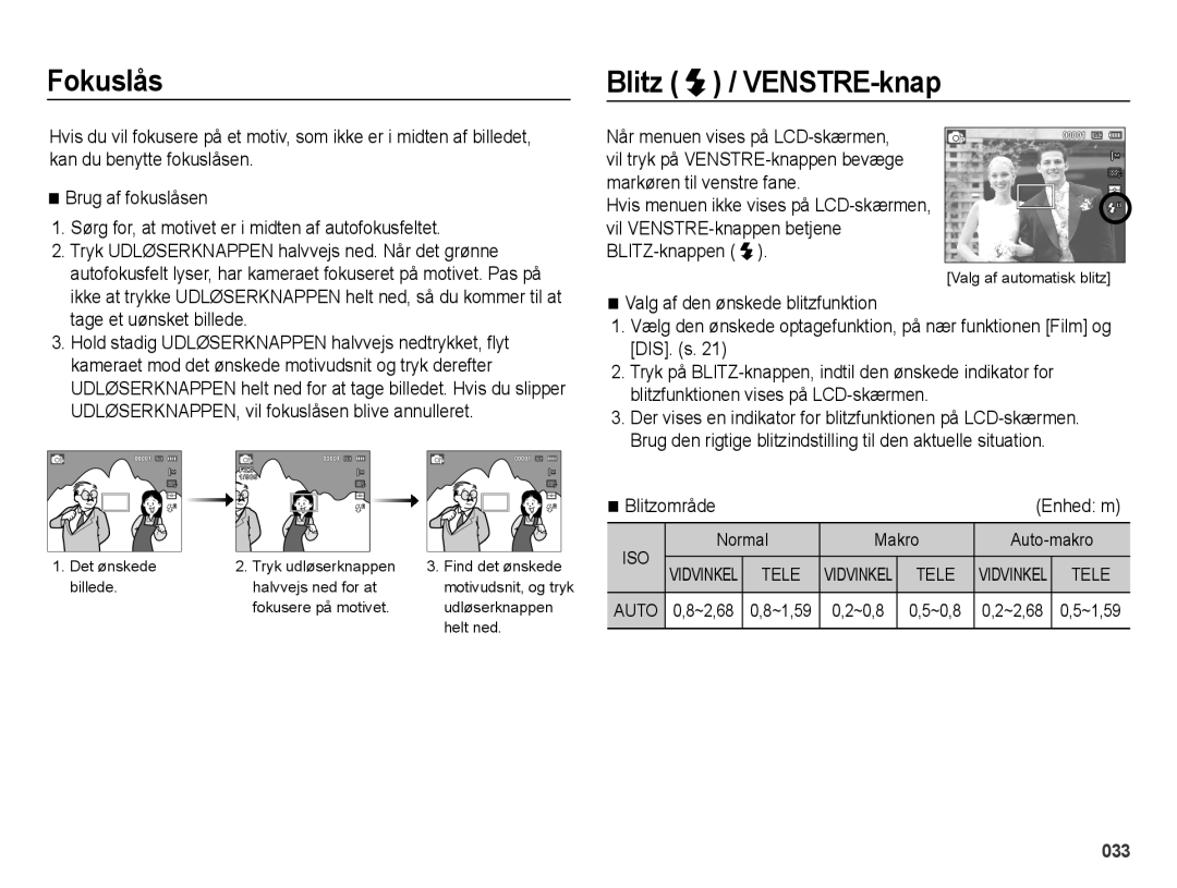 Samsung EC-ES65ZZBPPE2, EC-ES65ZZBPSE2, EC-ES65ZZBPBE2 manual Fokuslås, Blitz / VENSTRE-knap, Blitzområde Enhed m 