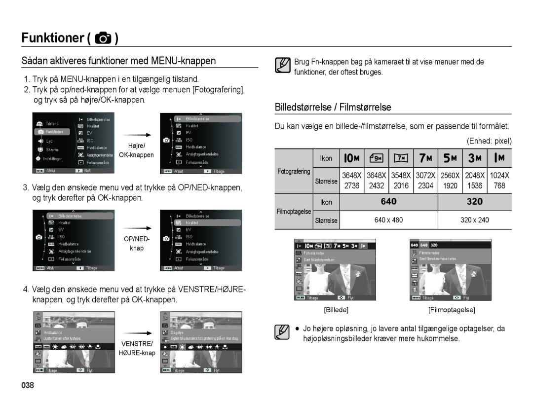 Samsung EC-ES65ZZBPSE2, EC-ES65ZZBPPE2 manual Sådan aktiveres funktioner med MENU-knappen, Billedstørrelse / Filmstørrelse 